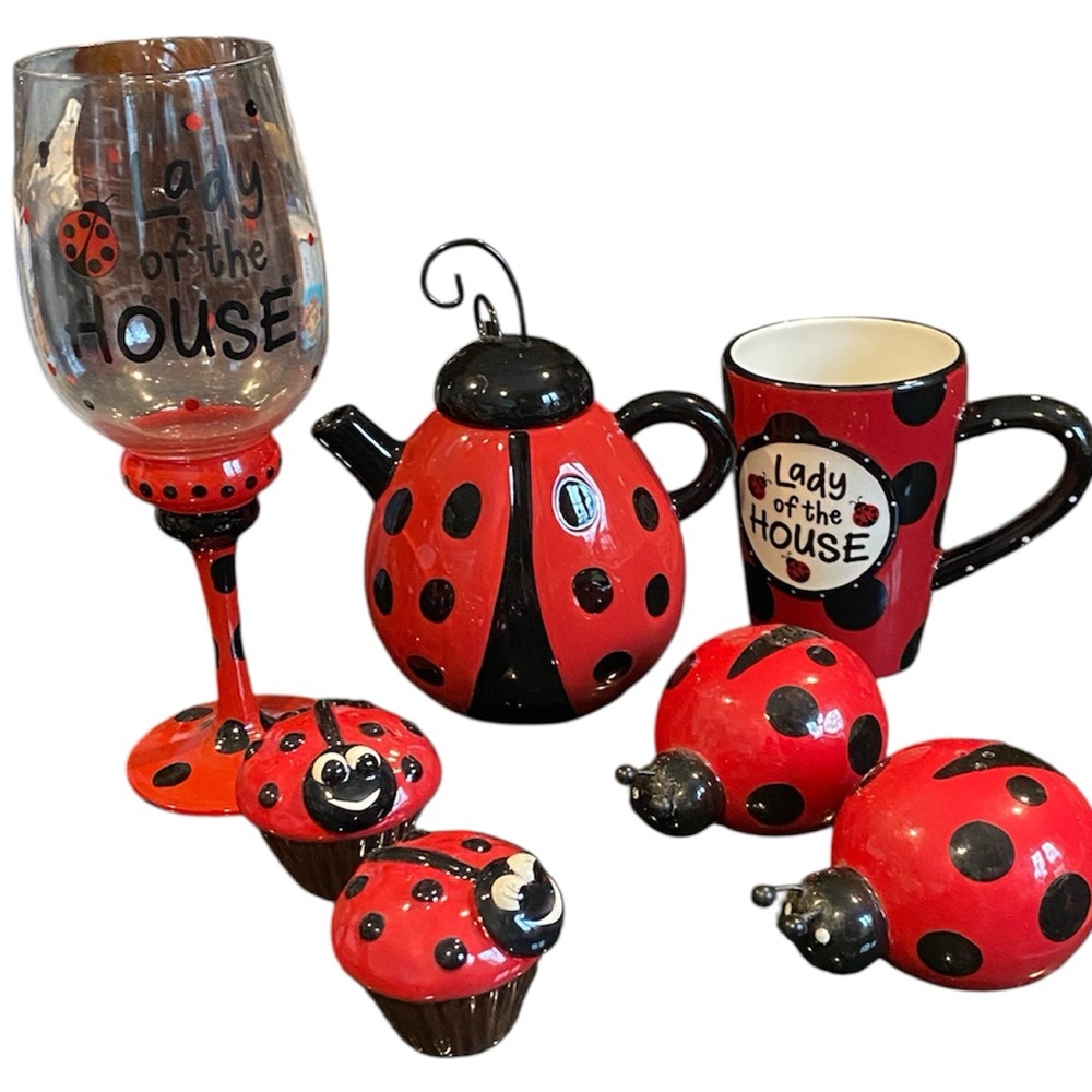 Vintage Ladybug Teapot and Matching Accessories